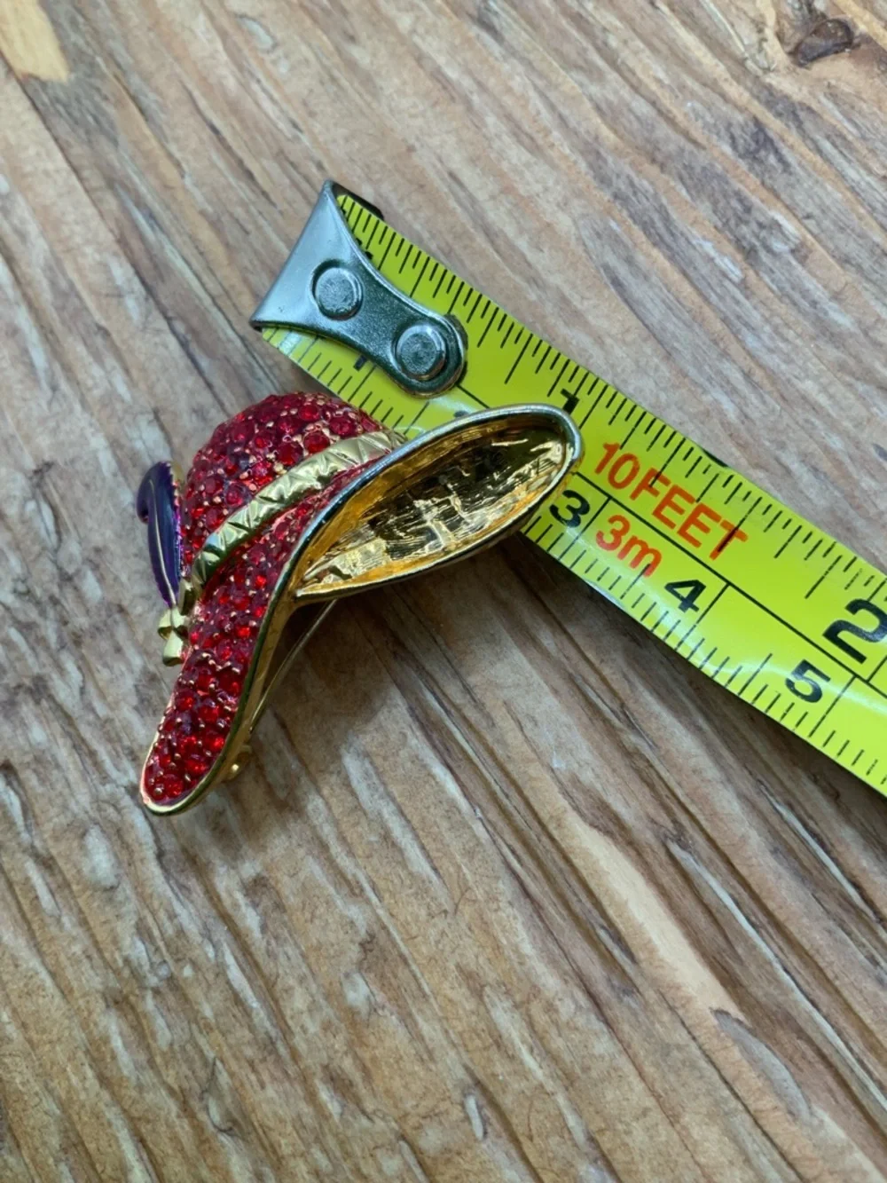 Red Jeweled Hat Society Vintage Purple Feather Accent Gold Tone Brooch